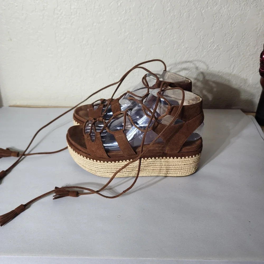 Stuart Weitzman Brown Suede Lace Up Espadrille Platform Sandals Tassel  8M